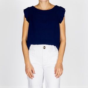 Size M navy blue blouse with ruffle sleeve detail